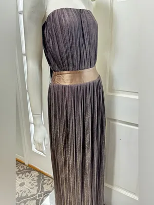 Dress the Population TUBE Metallic Brown Pleated Maxi Dress Wide Belt Sz M C-27 thumbnail 6