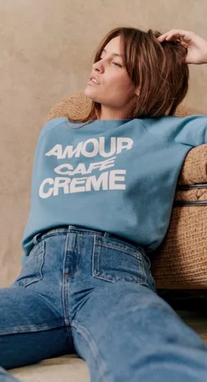 Sezane Sézane | Amour Cafe Creme Sweatshirt Blue Ecru Graphic | Sz S thumbnail 1