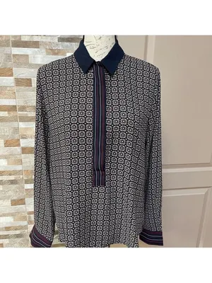 LOFT half button Hanley top tunic blouse shirt Geometric print burgundy Sz M thumbnail 12