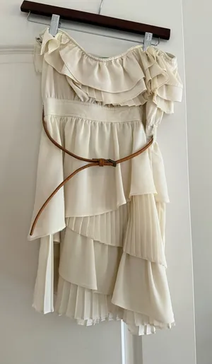 Papaya Cream Asymmetrical Ruffle Skirt with Belted Waist thumbnail 1