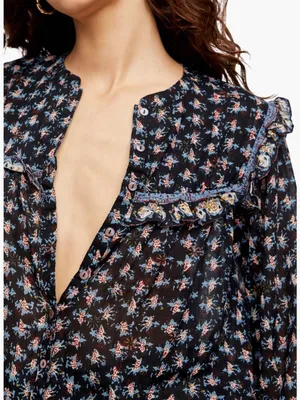 Free People Jenna Top Printed Long Sleeve Blouse Size Small Black Blue White thumbnail 5