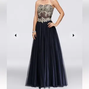 Blondie Nites Gown Juniors‎ Size 9 Navy Long Mesh Gown Corset Style Gold Prom thumbnail 3