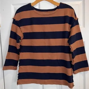 Madewell Luxe Long Sleeve Striped Navy & Brown Top Size XXS thumbnail 1