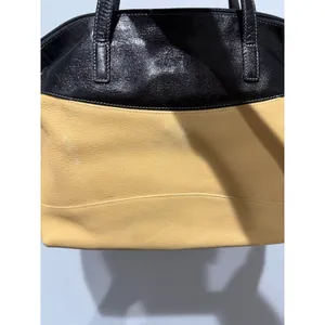 TUSK Leather Handbag Two Tone‎ Black Tan Pebbled Leather Satchel Purse Italy F thumbnail 8