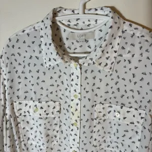 LOFT White Black Abstract Print Button Down‎ Blouse Size XL thumbnail 3