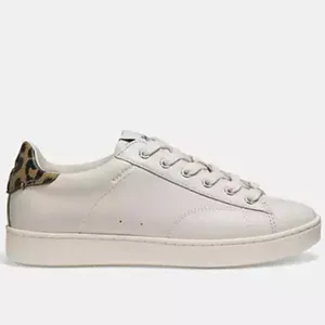 Coach Low Top Leather Sneakers 9B Leopard Print Heel Off-White Luxury C126 thumbnail 3