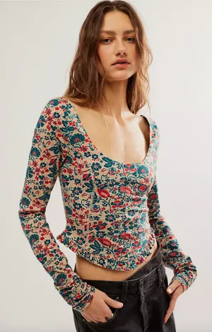 Free People Melanie Long Sleeve Top Floral Cotton Cottagecore Romantic Small NWT thumbnail 1