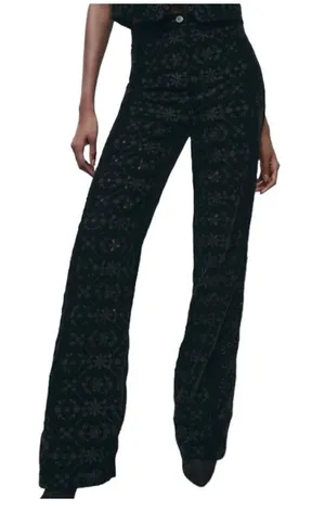Zara Alina Black Velvet Embroidered Eyelet Wide Leg Contemporary Pant Trousers M thumbnail 1
