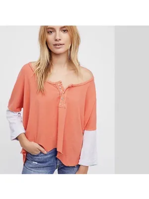 NWT We The Free People Star Henly Orange & Grey Distressed Oversized Top Small thumbnail 2