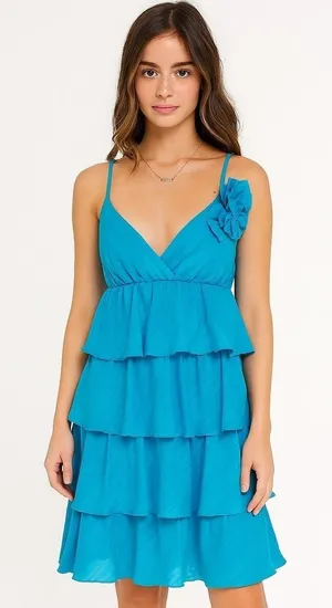 Vintage Trina Turk Y2K Ruffle Tiered Mini Dress 4 Blue Party Mermaid Whimsy Chic thumbnail 1