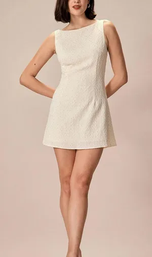 Rihoas Beige Boat Neck Textured Mini Dress thumbnail 4