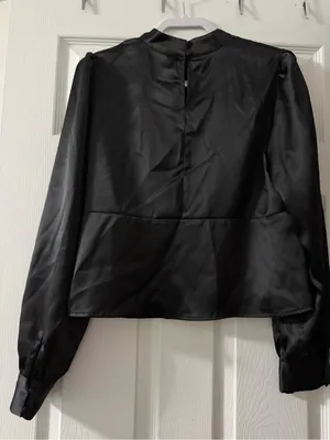 Black Satin Peplum Blouse Mock Neck Keyhole Puff Sleeve Top Office L InTempo thumbnail 4