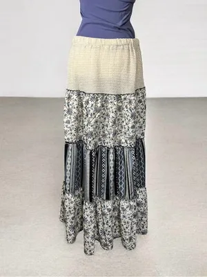 POL Mermaidcore Boho Tiered Maxi Skirt in Cream and Blue Prints Size Large thumbnail 2