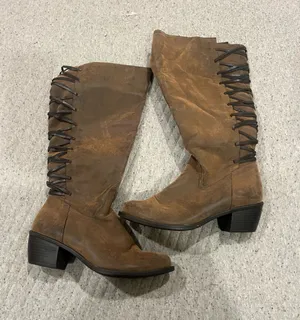 Brown Suede Mid-Heel Knee-High Lace-Up Women's Boots thumbnail 1