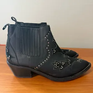 Morobe Black Leather Chelsea Boot Bootie Black Stud‎ Detail Pointed Toe Slip On thumbnail 4