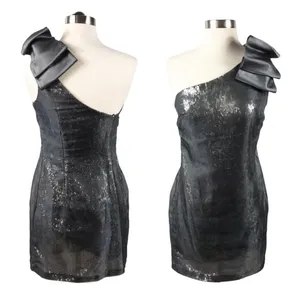 AQUA Cocktail Dress One Shoulder Metallic Silver Pewter Sequins Bow Accent 2 thumbnail 2