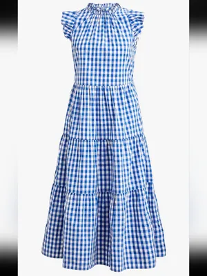 NWT J.Crew Tiered Ruffle-Sleeve Midi in Sapphire Gingham Cotton Dress XS thumbnail 5