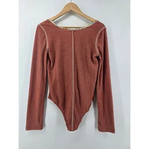 POL Bodysuit Women L YKP173 Rust Orange Floral Trim Ribbed Long Sleeve EXCELLENT thumbnail 4