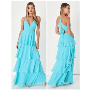 Lulus Tier and Now Blue Tie-Back Tiered Maxi Dress Size Large NWT Wedding Formal thumbnail 2