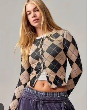 Out From Under Urban Outfitters Argyle Cropped Cardigan Beige Black XS S thumbnail 1