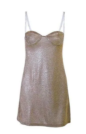 Elegant LOW-CUT GLITTER CAMI DRESS in apricot ladies size medium stretch cute thumbnail 1