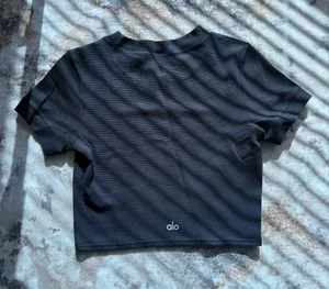ALO Yoga Black Waffle Ribbed Short Sleeve Crop Top thumbnail 5