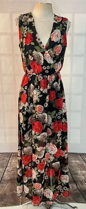 Disney beauty & the beast black red floral sleeveless maxi size medium thumbnail 1