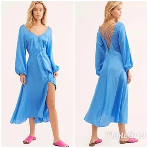FREE PEOPLE Later Days Blue Button Front Long Sleeve Midi Dress Size‎ 0 New thumbnail 2