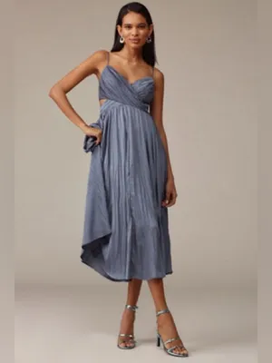 ASTR Capitola Pleated Blue Satin Midi Dress Large Wedding Guest Romantic Party thumbnail 9
