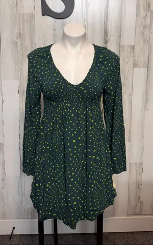 BP Nordstrom Dark Green Polka Dot Long Sleeve Smocked Mini Dress Womens Small Bo thumbnail 1