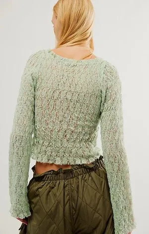 NWT Free People One Madison Top Smocked Lace Sheer Hook-Front Bell Sleeve Medium thumbnail 2