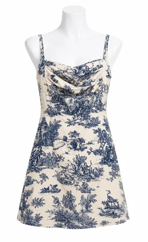 Cider Womens Mini Dress Blue Toile Print Cowl Neck Sleeveless Small thumbnail 1