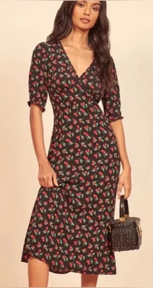Reformation Alia Cherry Print Midi Dress Black V-Neck Ruffle Size 4 thumbnail 1