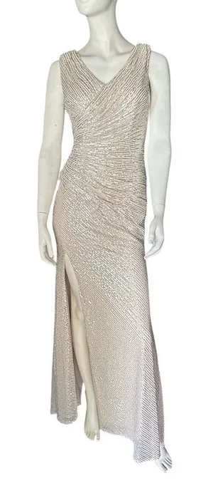 Wenkafo Double V-Neck Fit Mermaid Sleeveless Sequined Formal Champagne Sz 6 NWT thumbnail 1