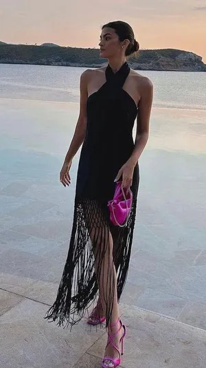 ZARA dress midi black halter neck linen fringed fringes boho thumbnail 4