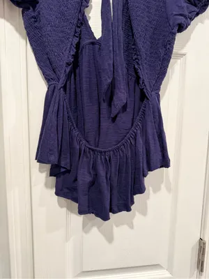 NWOT Free People Size S Blue Smocked Puff Sleeve Open Tie Back Babydoll Top thumbnail 6