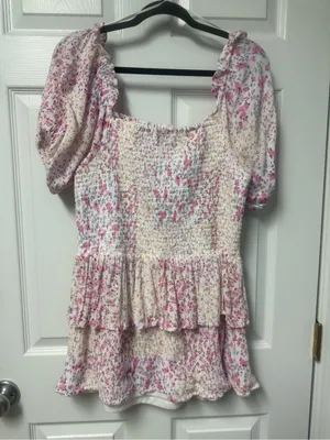 Japna White Smocked Top with Pink Floral Accents thumbnail 5