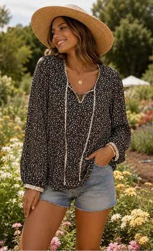 Hem & Thread Black Floral Long-Sleeve Peasant Blouse thumbnail 1