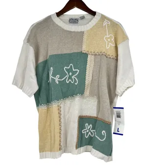 NEW VINTAGE patchwork short sleeve embroidered pullover sweater floral large 90s thumbnail 1