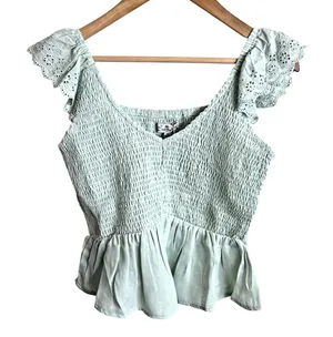 Poof‎ New York Shirt Womens Sz M Mint Green Cottage Ruffle Eyelet Top Blouse thumbnail 1
