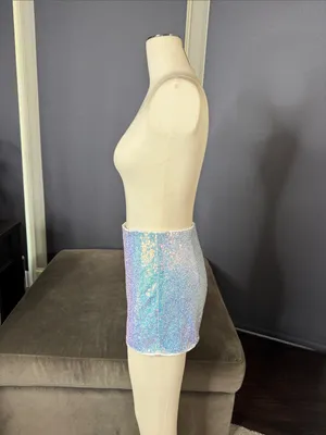 Iridescent Silver Sequin Women’s High-Waist Party Festival Shorts SMALL NWOT thumbnail 5