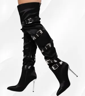 Azalea Wang Make it Last Stiletto Boot Black Silver Belt Clasp Lace Up Size 8.5 thumbnail 1