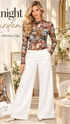 Alice + Olivia Floral Semi-Sheer Mock Neck Long Sleeve Cropped Mesh Top thumbnail 1