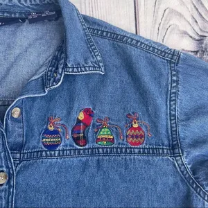 Solutions Denim Christmas Holiday Denim Button Up Shirt Embroidered‎ Small Ugly thumbnail 7