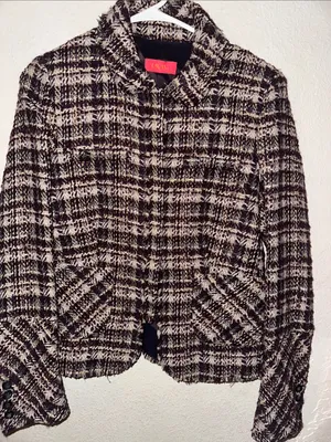 Textured Plaid Tweed Blazer Jacket in Black and Cream thumbnail 9