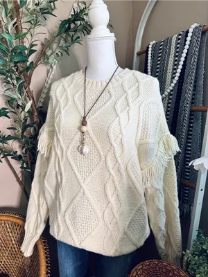 American Eagle Chunky Cable Knit Fringe Sleeve Sweater Small thumbnail 2