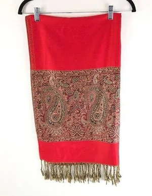 Pashmina Scarf Wrap Rectangle Paisley Fringe Boho Red Gold 68x27 thumbnail 1