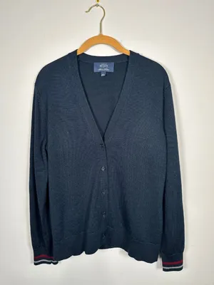 Brooks Brothers Large Womens Cardigan Striped Wrists Navy Blue V-Neck Wool Blend thumbnail 2