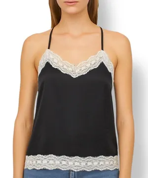 FT Black Satin Camisole Ivory Lace‎ Trim Adjustable Spaghetti Strap Large Top thumbnail 1