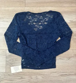 Navy Blue Floral Lace Tie Front Long Sleeve Top NWT thumbnail 2